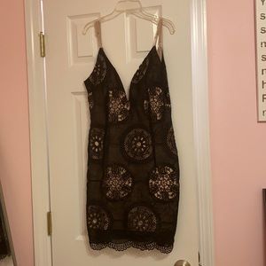 Black lace cocktail dress with V back
